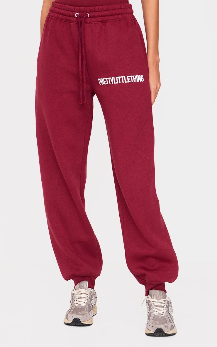 PRETTYLITTLETHING Burgundy Puff Print High Waist Cuffed Sweatpants Product Image