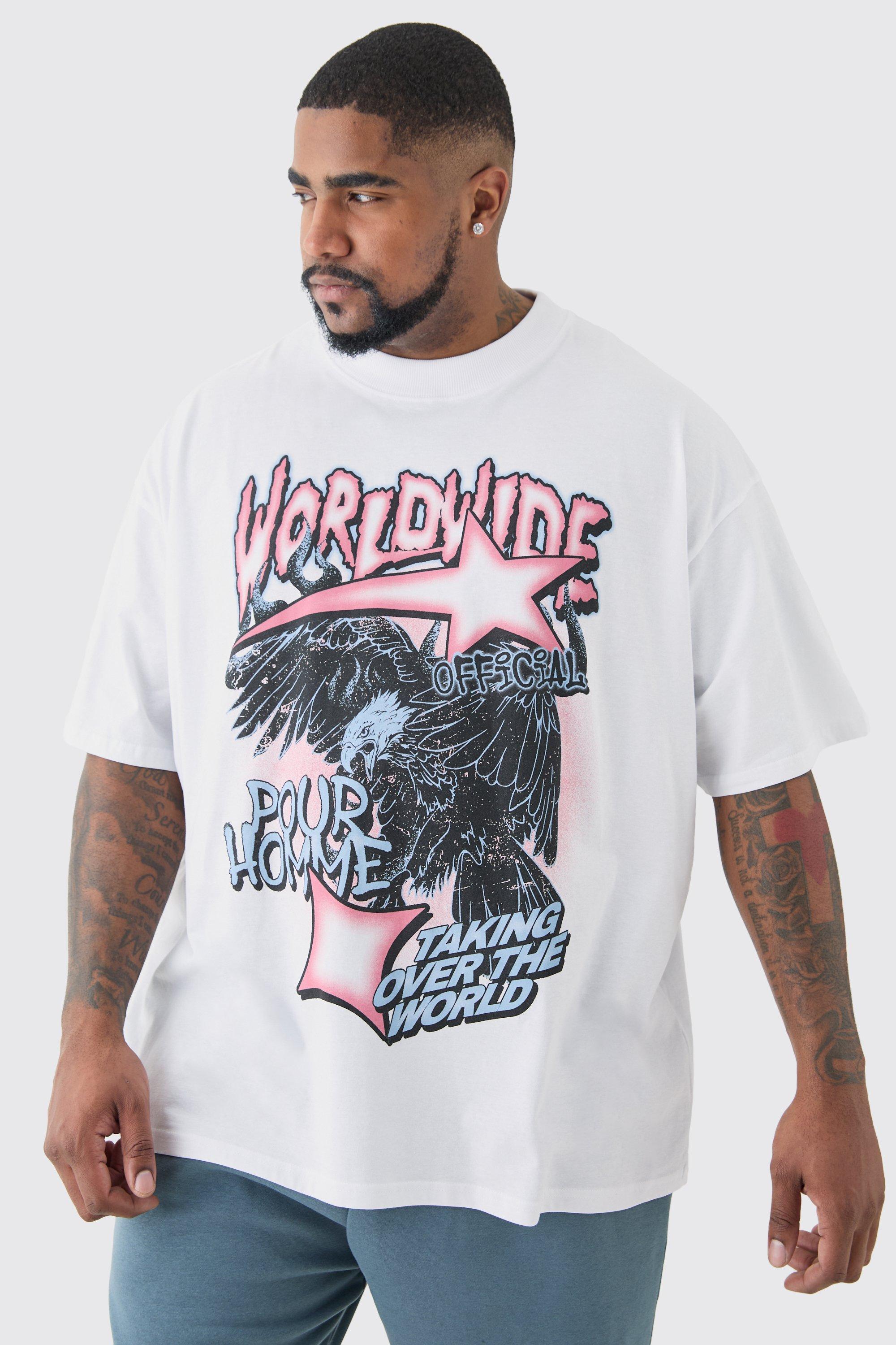 Plus Oversized Worldwide Eagle Print T-shirt In White | boohooMAN USA Product Image