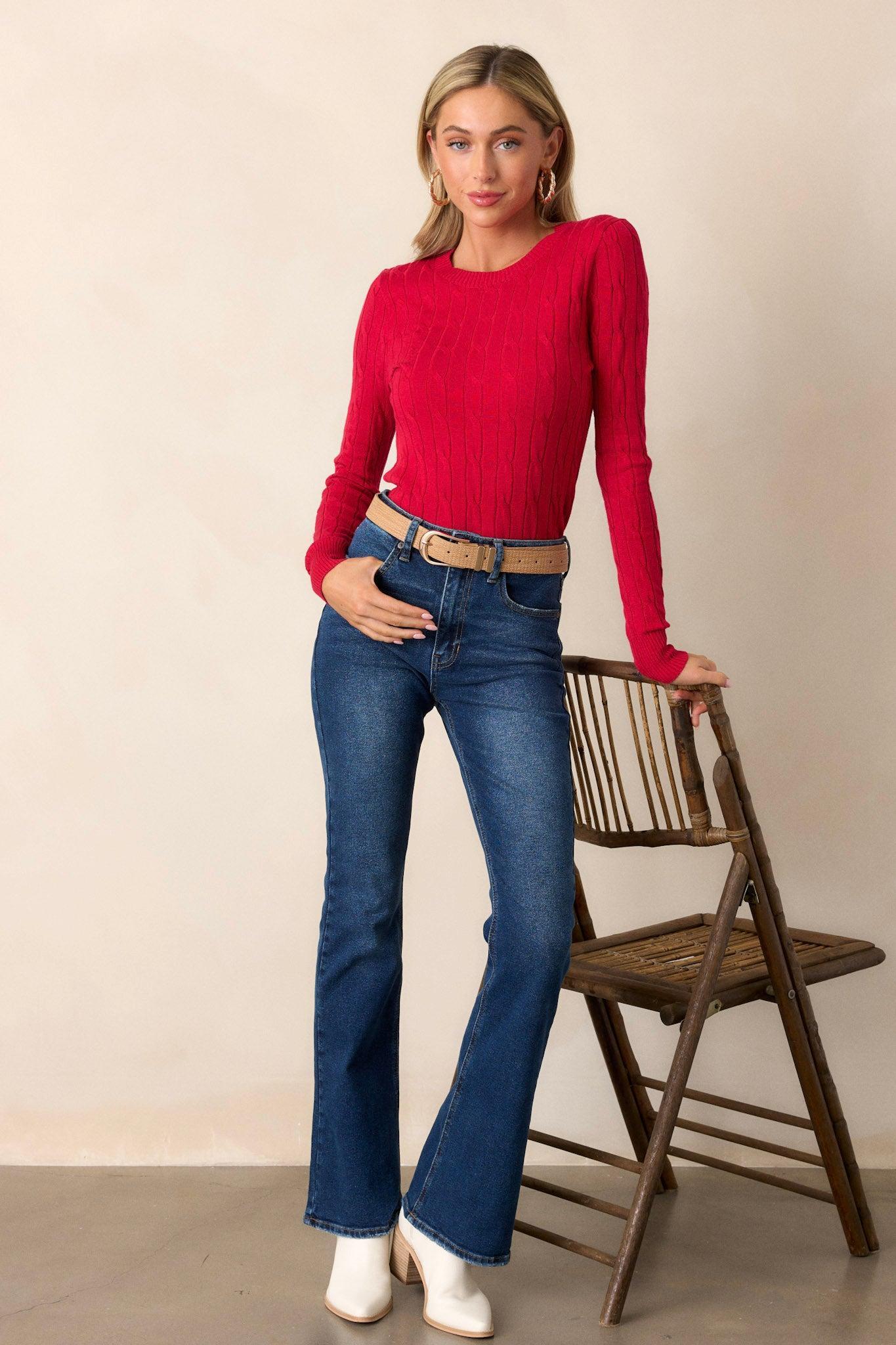 Softly Spoken Red Cable Knit Sweater Product Image