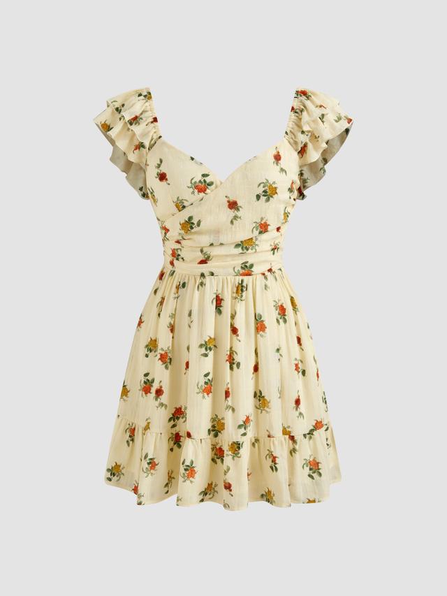 Sweetheart Neckline Floral Shirred Ruffle Mini Dress Product Image