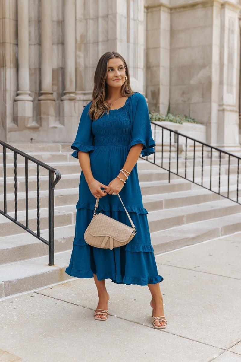 Blue Off The Shoulder Tiered Midi Dress - FINAL SALE Product Image