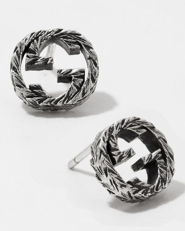 Womens Stud Earrings With Interlocking G Motif in Aged Sterling Silver Product Image