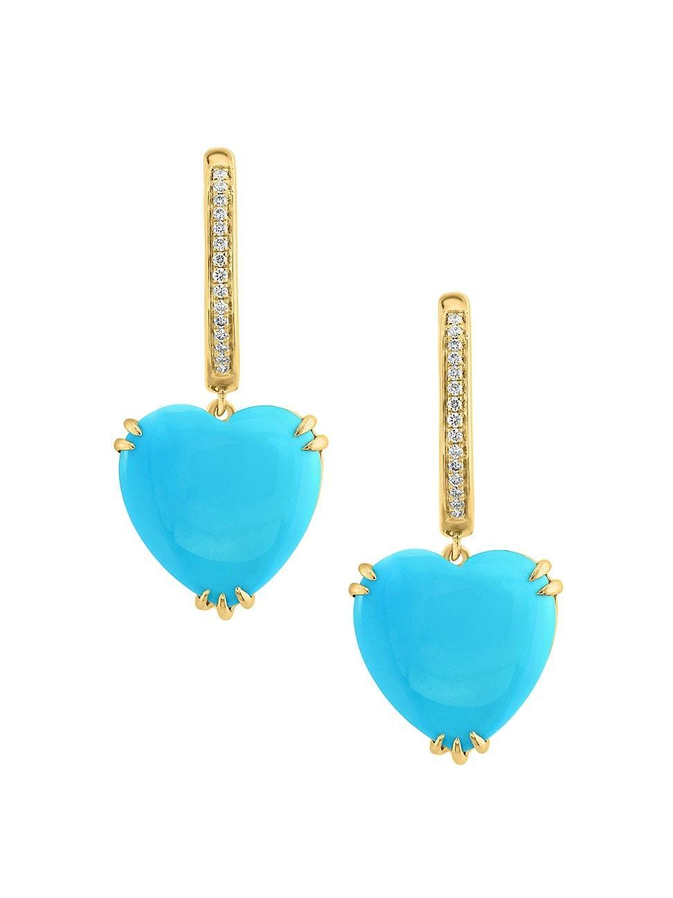 Womens 14K Yellow Gold, Turquoise & 0.07 TCW Diamond Heart Drop Earrings Product Image