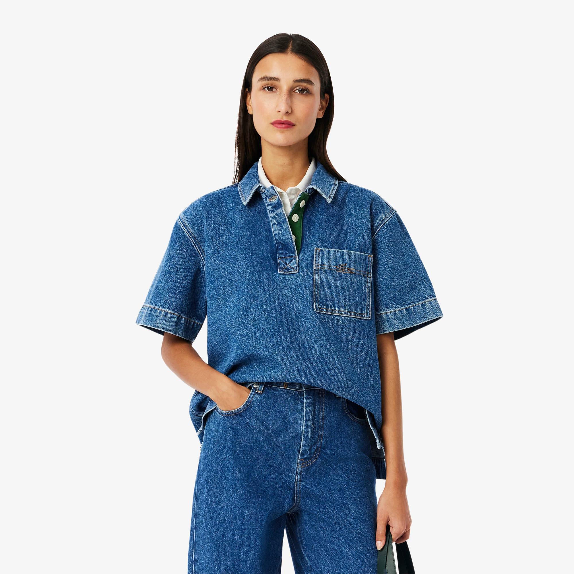 Oversized Denim Polo Shirt Product Image