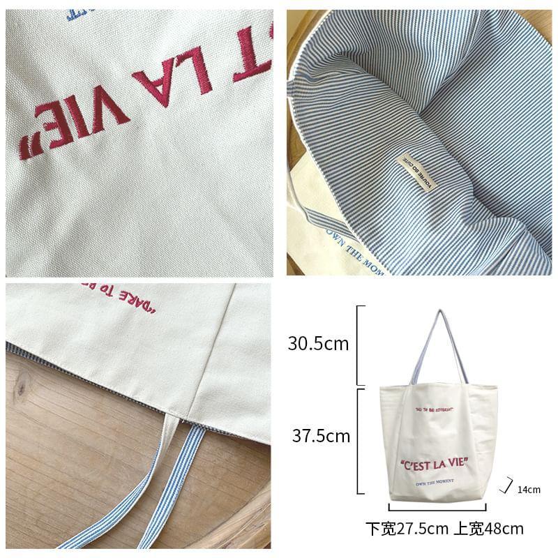 Lettering Embroidered Canvas Tote Bag Product Image