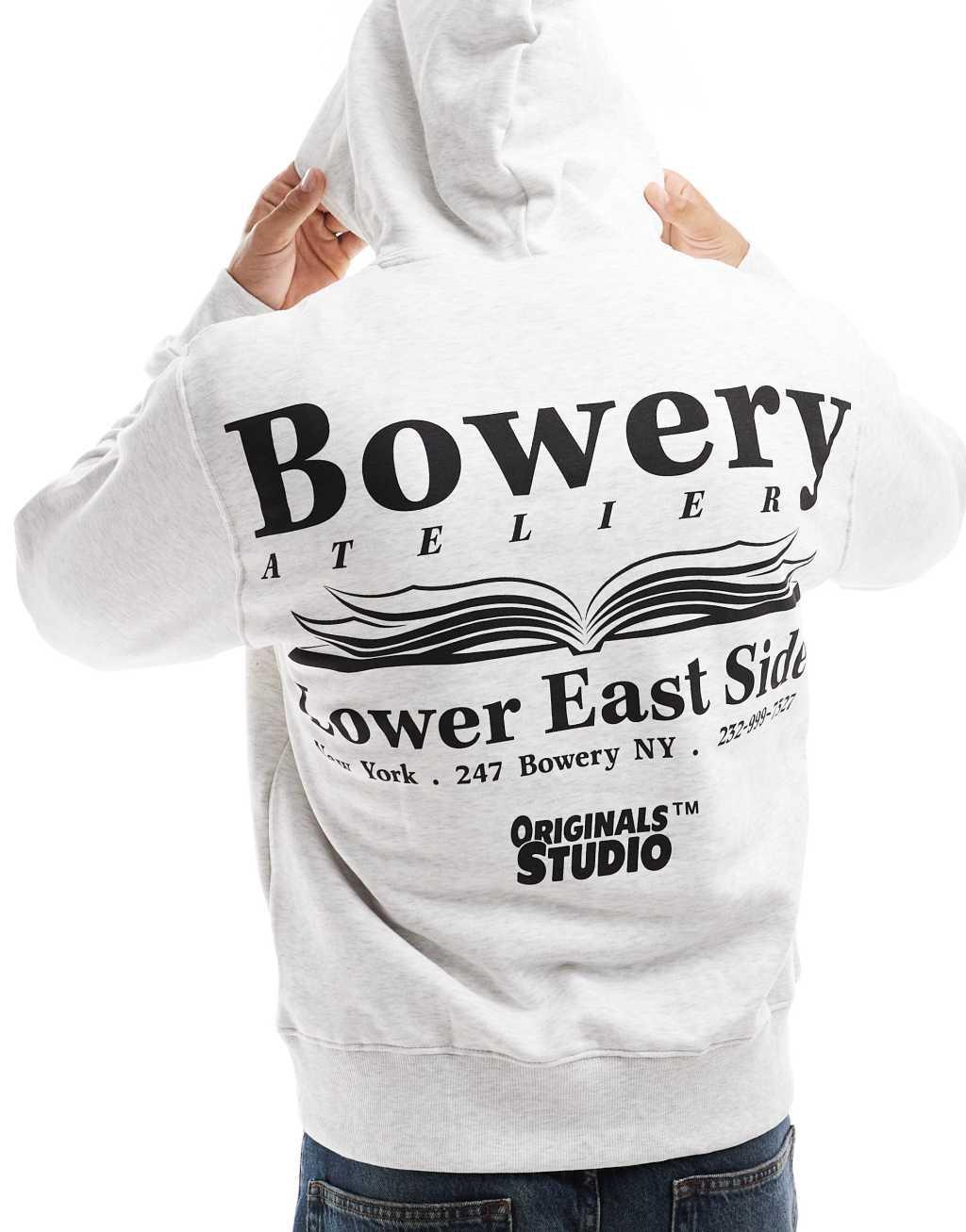 Jack & Jones oversized bowery back print hoodie in gray Product Image