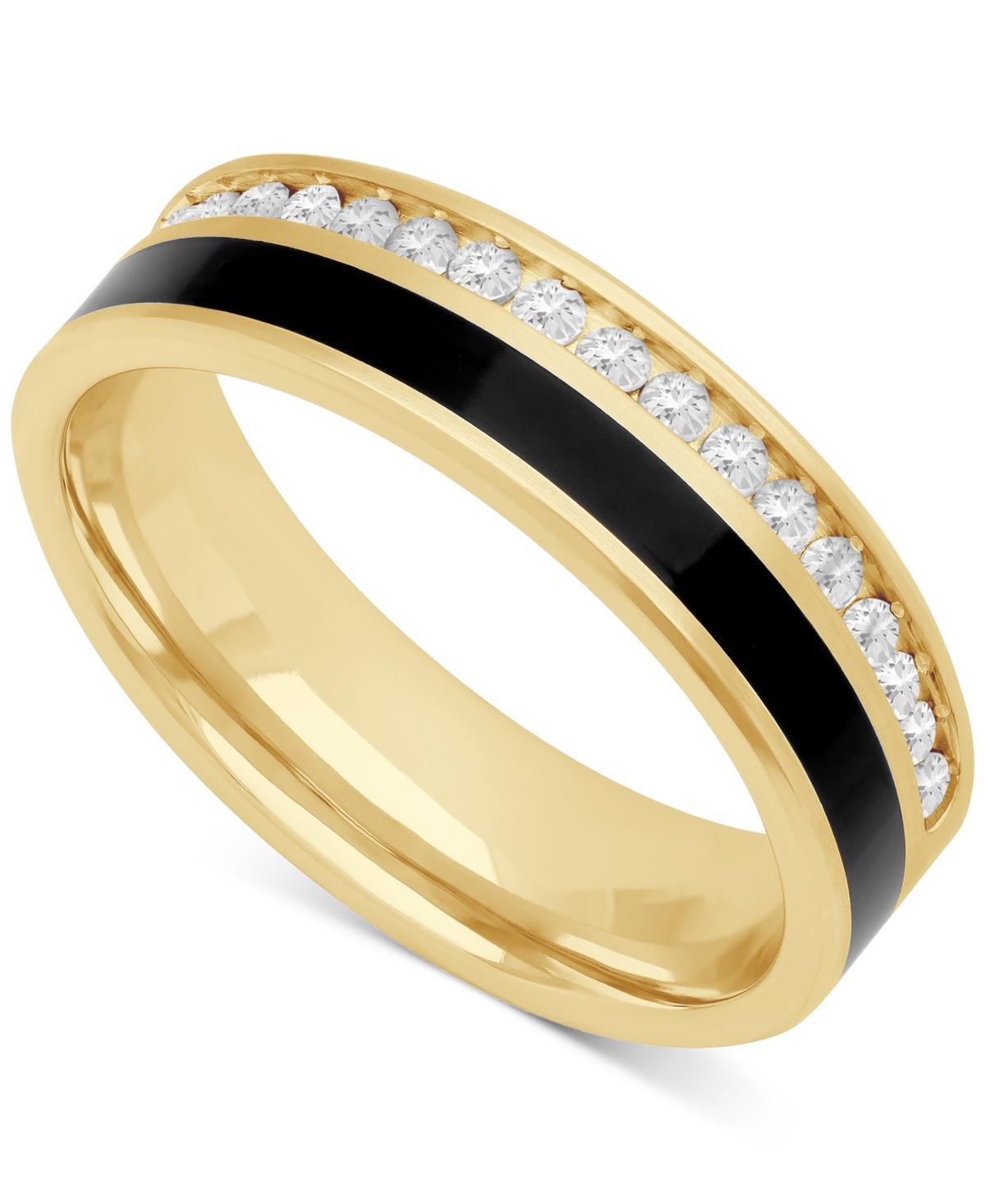 Mens Lab-Created White Sapphire (3/4 ct. t.w.) & Ceramic Stripe Band in 18k Gold-Plated Sterling Silver (Also in Black Sapphire) - Black Product Image