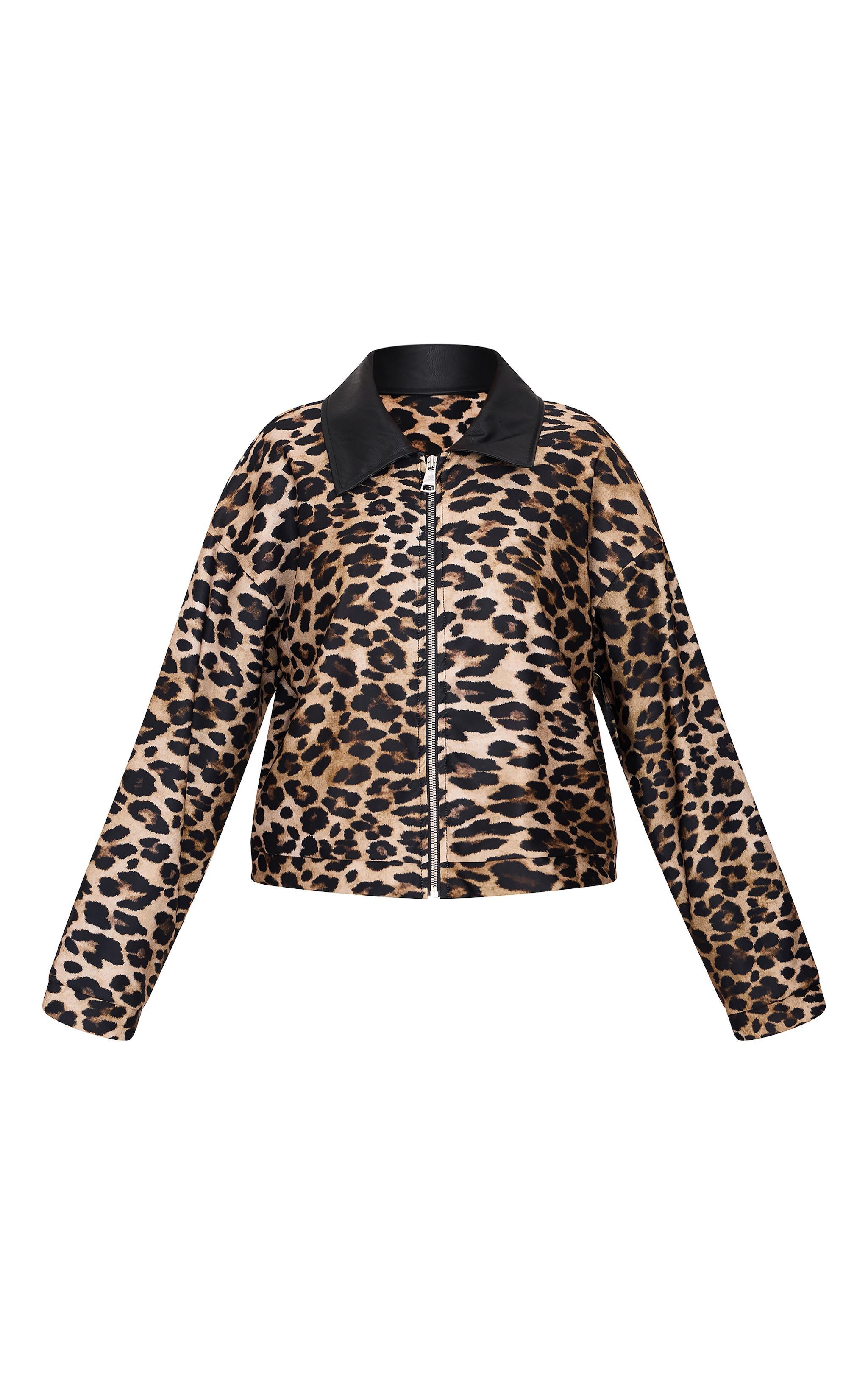 Brown Contrast Faux Leather Leopard Jacket Product Image