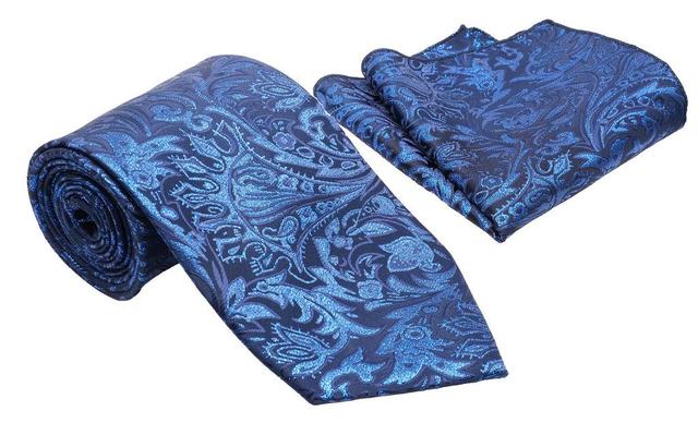 Blue Jacobean Pattern Men's Classic Tie and Pocket Square Set Male Product Image