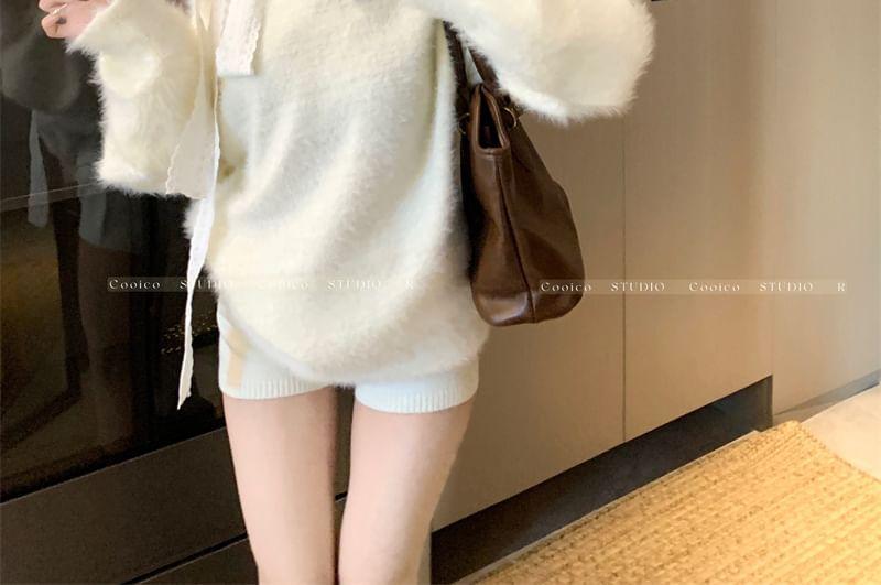 Asymmetrical Neck Cold-Shoulder Bow Fluffy Sweater Product Image