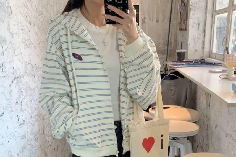 Drop Shoulder Striped Zip Up Hoodie Product Image