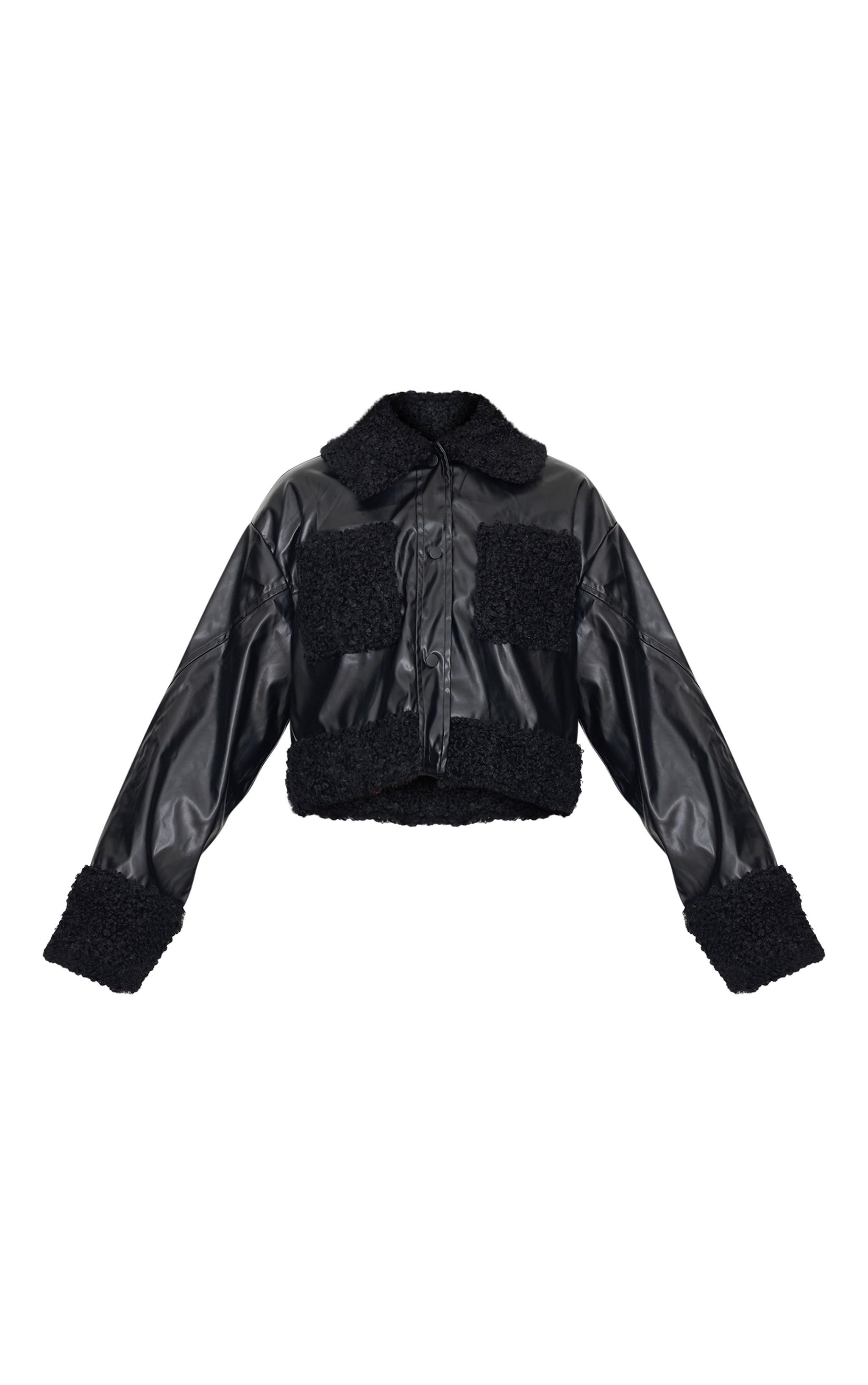 Black Borg Pocket Front Faux Leather Cropped Coat Product Image