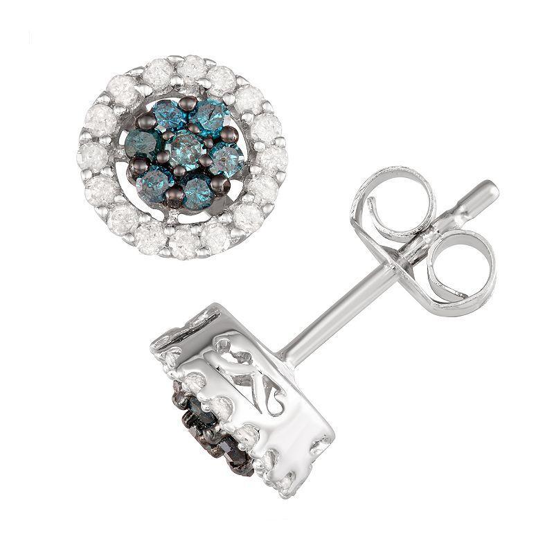 Sterling Silver 1/2 Carat T.W. Blue & White Diamond Halo Earrings, Womens, Multicolor Product Image