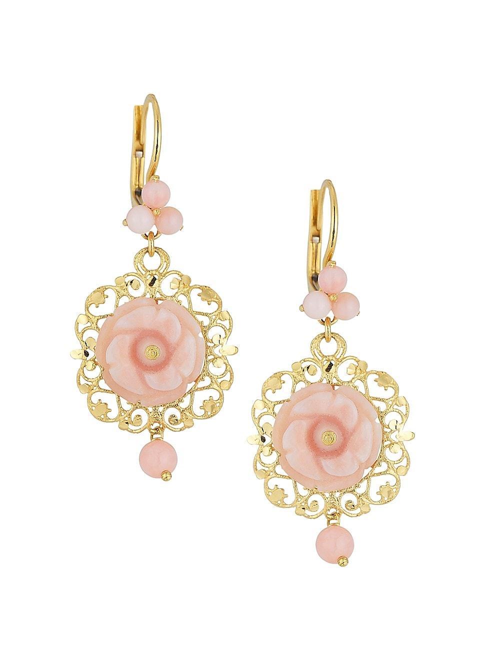 Womens 18K Yellow Gold Pink Opal Rose Pendant Earrings Product Image