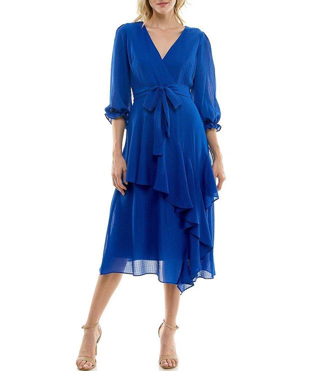 Maison Tara Asymmetrical Hem Tiered Ruffle 3/4 Sleeve V-Neck Faux Wrap Midi Dress Product Image