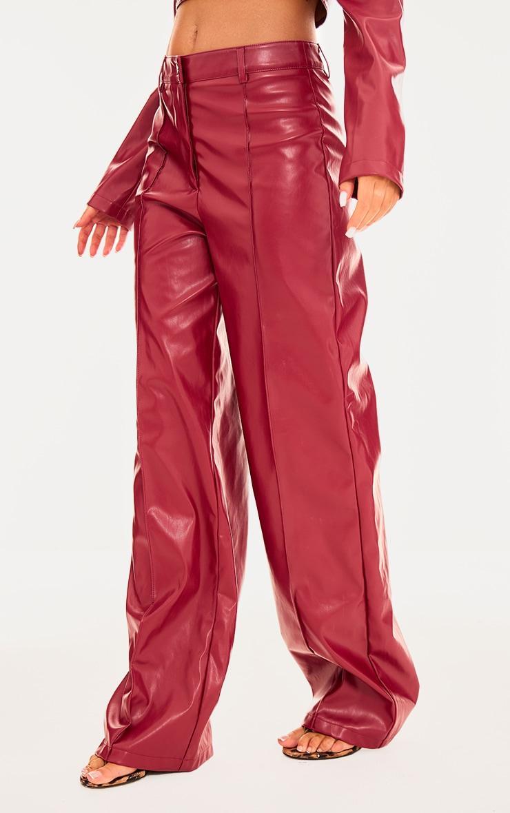 Red Faux Leather Seam Detail Straight Leg Trousers Product Image