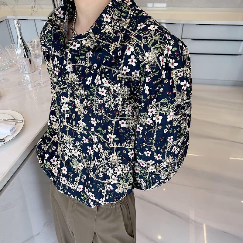 Long Sleeve Collared Floral Print Embroidered Shirt Product Image