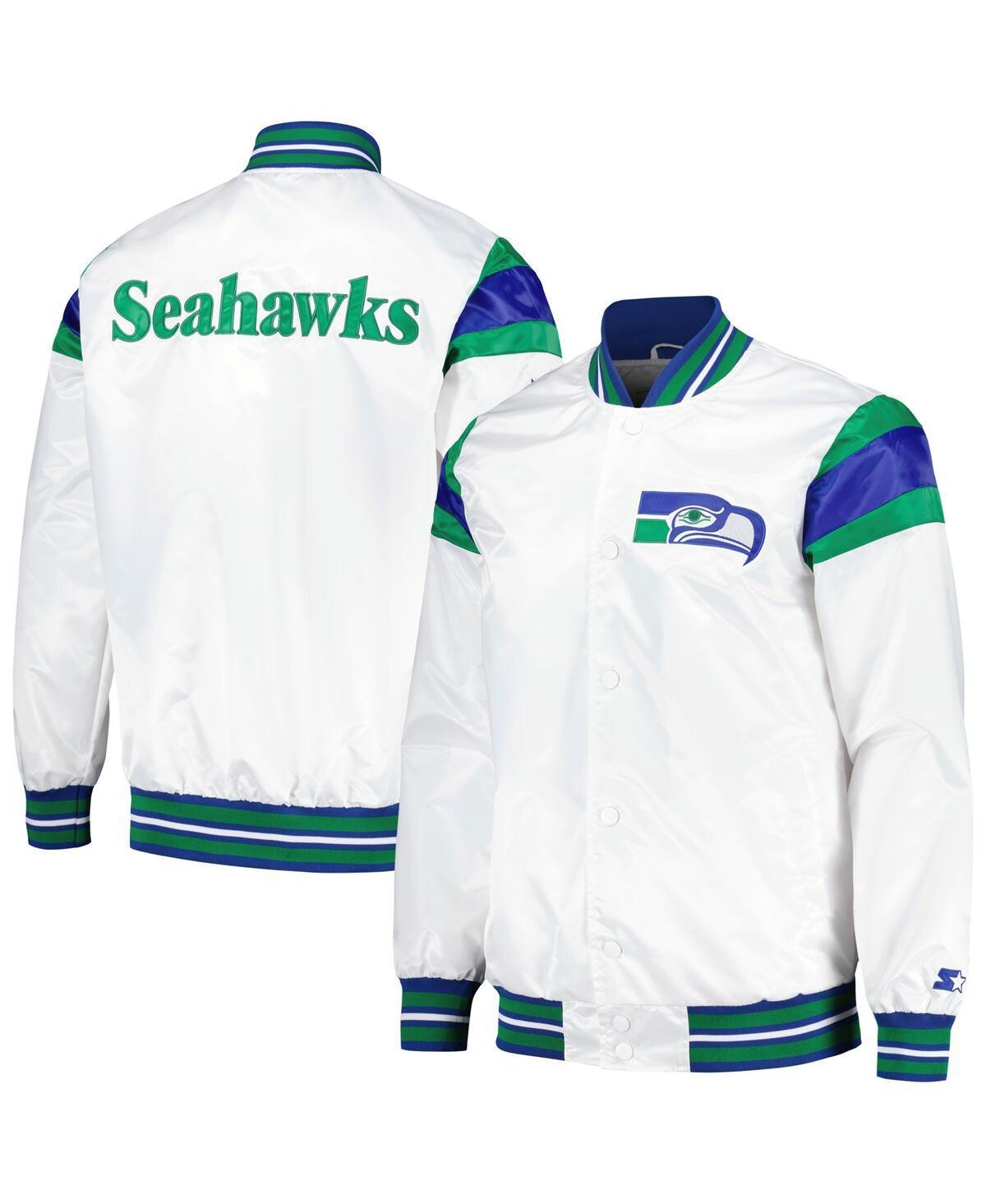 Mens Starter White Distressed Seattle Seahawks Vintage-Like Satin Full-Snap Varsity Jacket - White Product Image