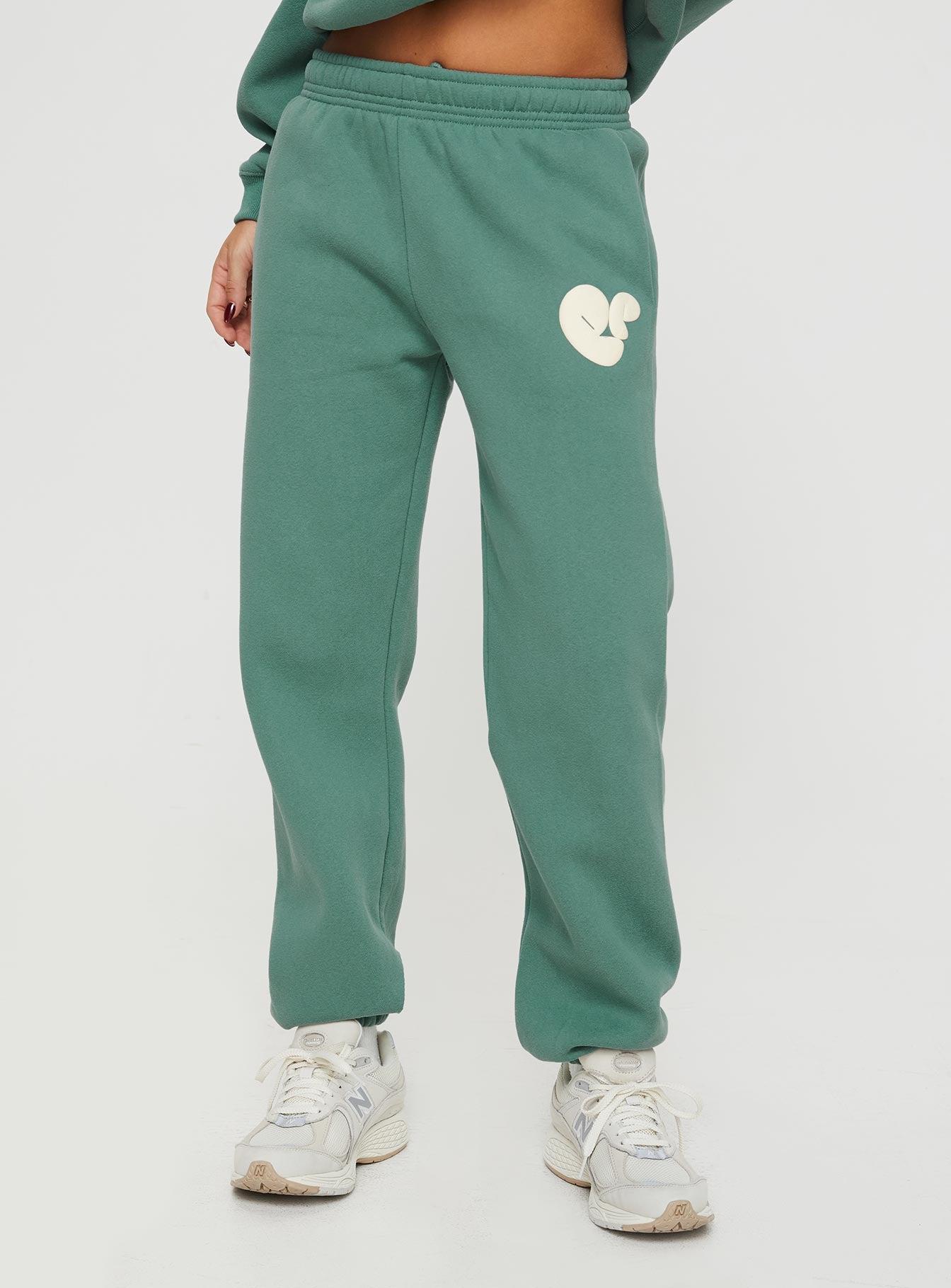 Princess Polly Track Pants Bubble Text Sage / Eggshell Product Image