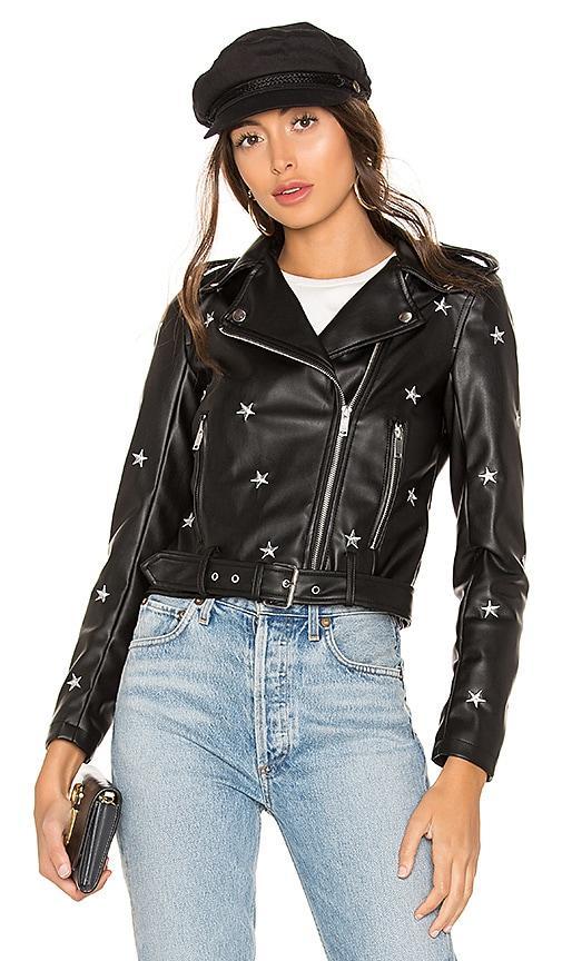 superdown Lydia Embroidered Moto Jacket in Black & White - Black. Size M (also in S). Product Image