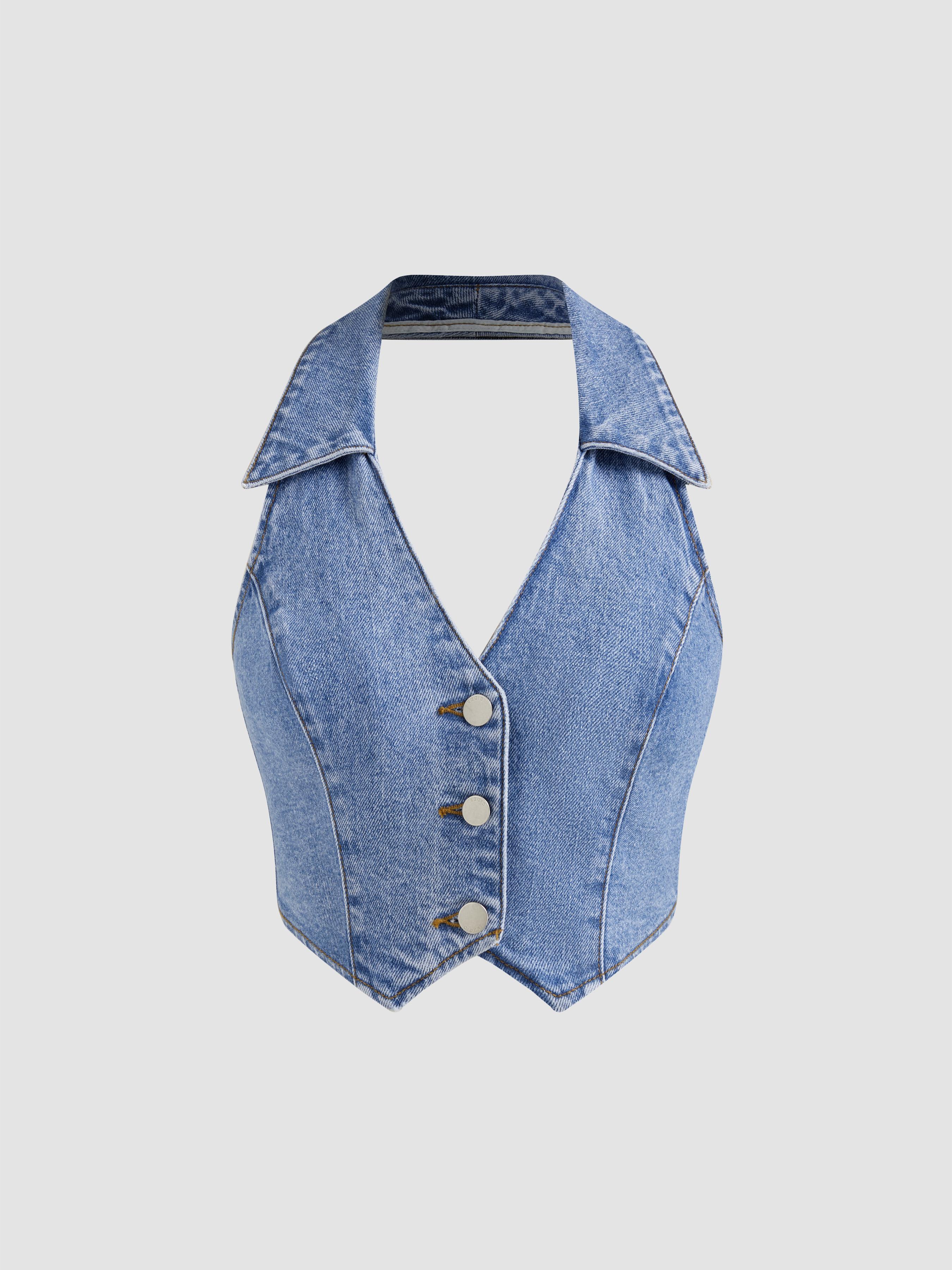 Denim V-neck Solid Button Halter Crop Top Product Image