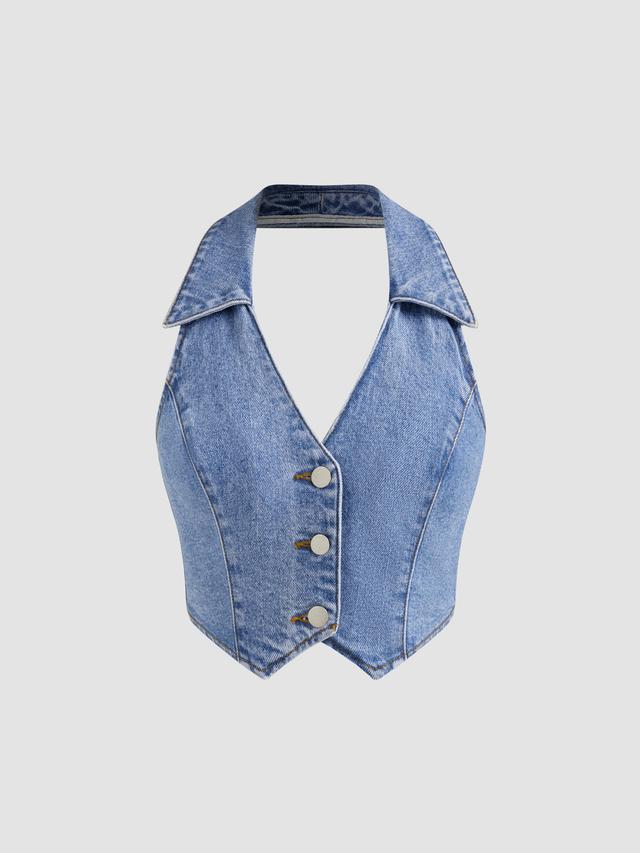 Denim V-neck Solid Button Halter Crop Top Product Image