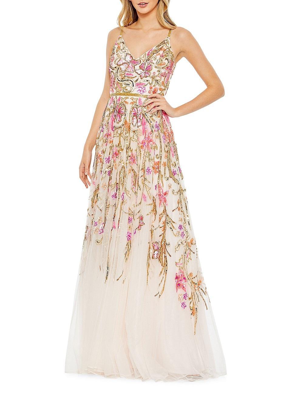 Womens V Neck Floral Embellished Spaghetti Strap Gown Product Image