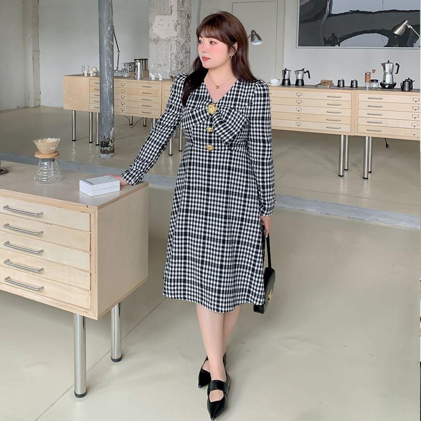 Plus Size Long-Sleeve V-Neck Plaid Bow Midi A-Line Dress Product Image