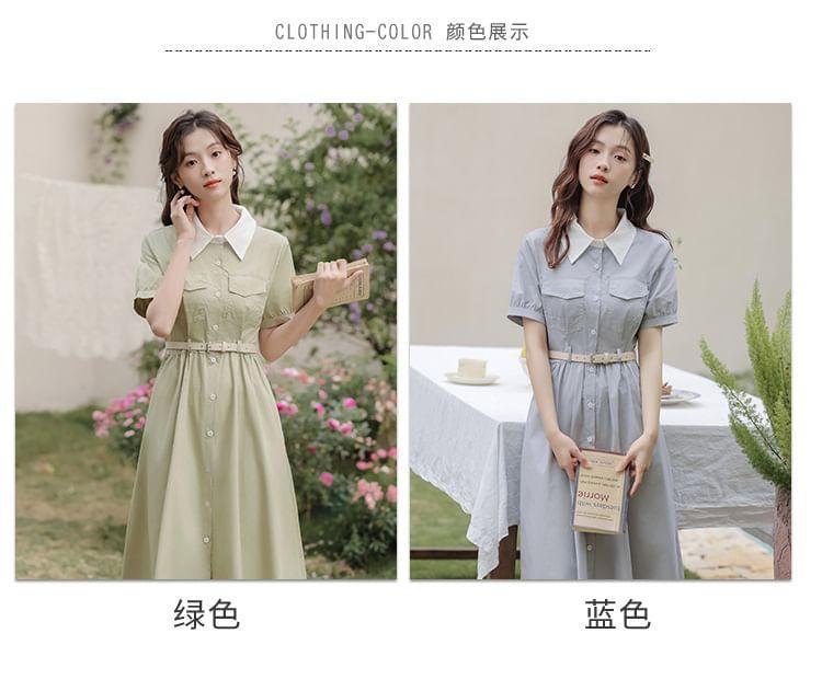 Short-Sleeve Collared Plain Midi A-Line Dress Product Image