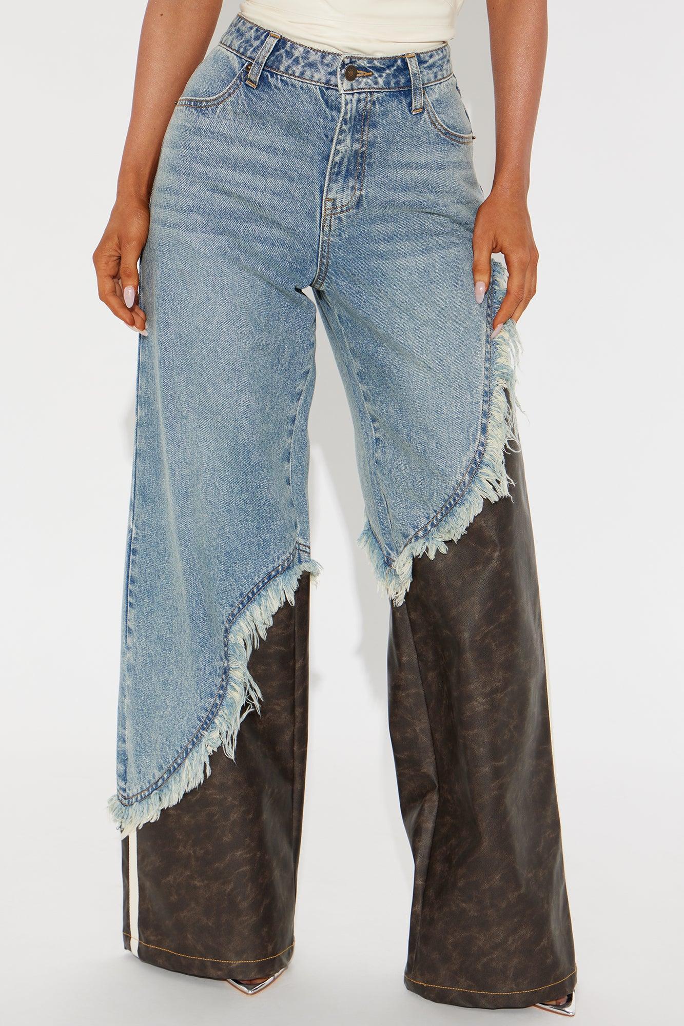 Jayde Striped PU Mix Wide Leg Jeans - Light Wash Product Image