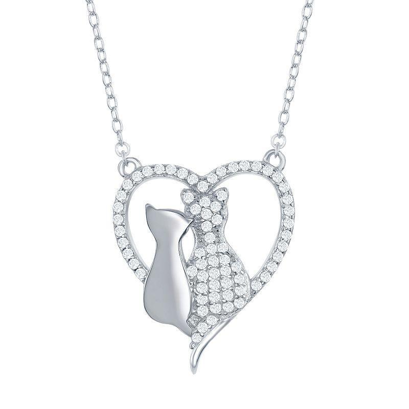 Sterling Silver Cubic Zirconia Heart & Two Center Cats Pendant Necklace, Womens Product Image