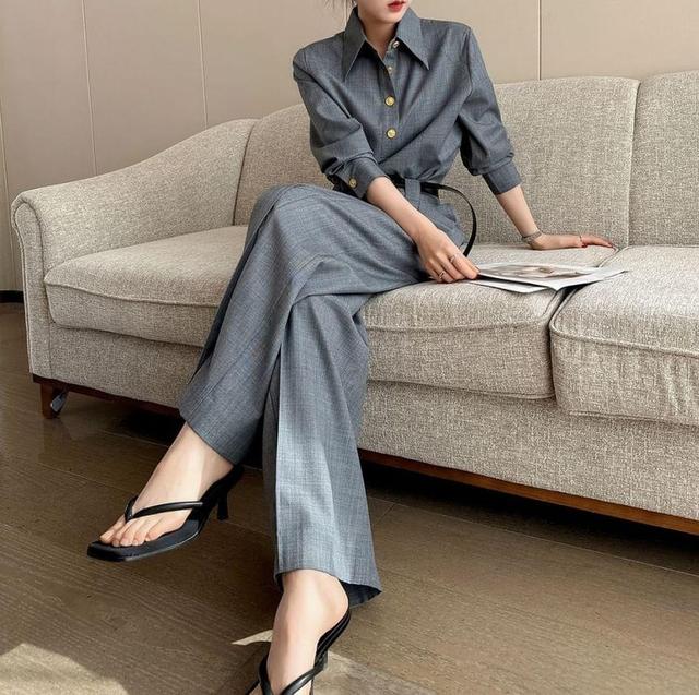 Long-Sleeve Overhead Shirt / High Rise Wide Leg Dress Pants / Set Product Image