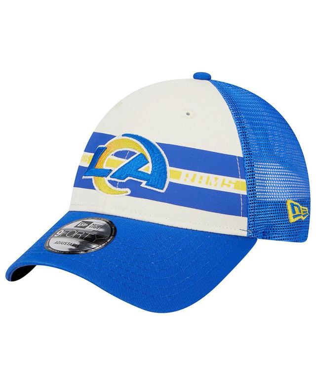 Mens New Era Cream/Royal Los Angeles Rams Team Stripe Trucker 9FORTY Snapback Hat Product Image