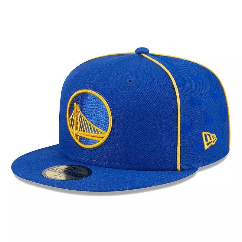 Mens New Era Royal Golden State Warriors Piped and Flocked 59Fifty Fitted Hat Product Image