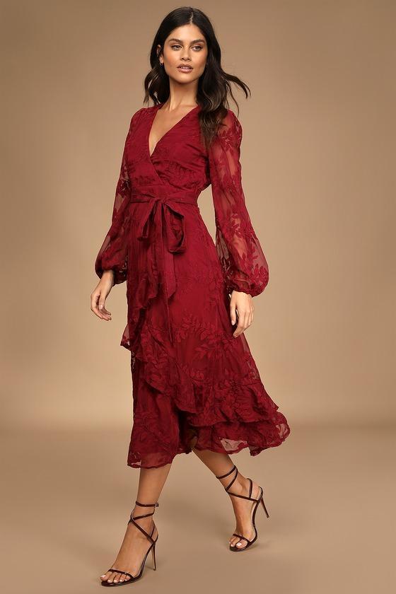 Spectacular Feeling Burgundy Embroidered Faux Wrap Midi Dress Product Image