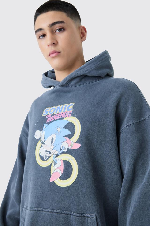 Mens Grey Oversized Sonic Wash License Hoodie, Grey Product Image