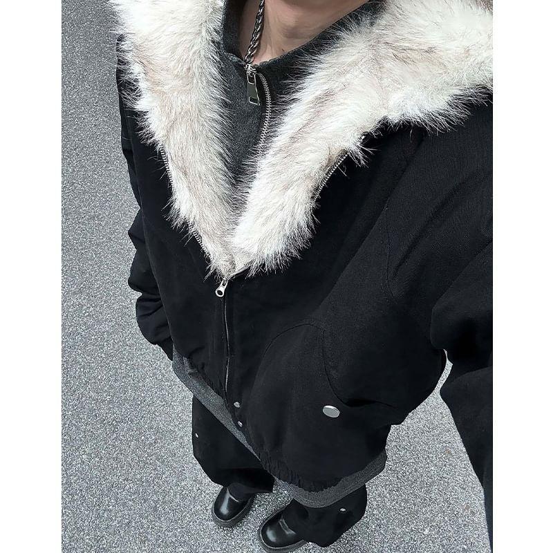 Fluffy Panel Hooded Zip-Up Jacket Product Image