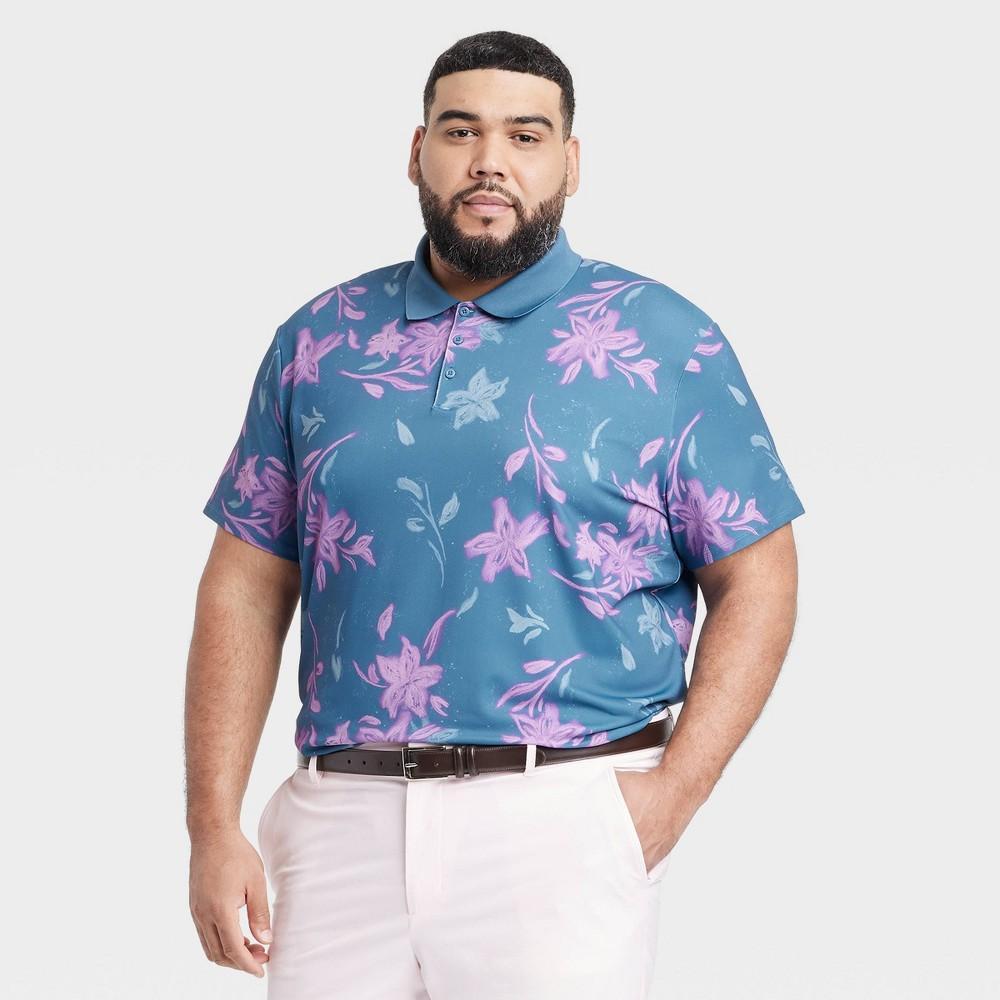 Mens Big Floral Print Textured Polo Shirt - All In Motion Blue/Lilac 2XL Product Image