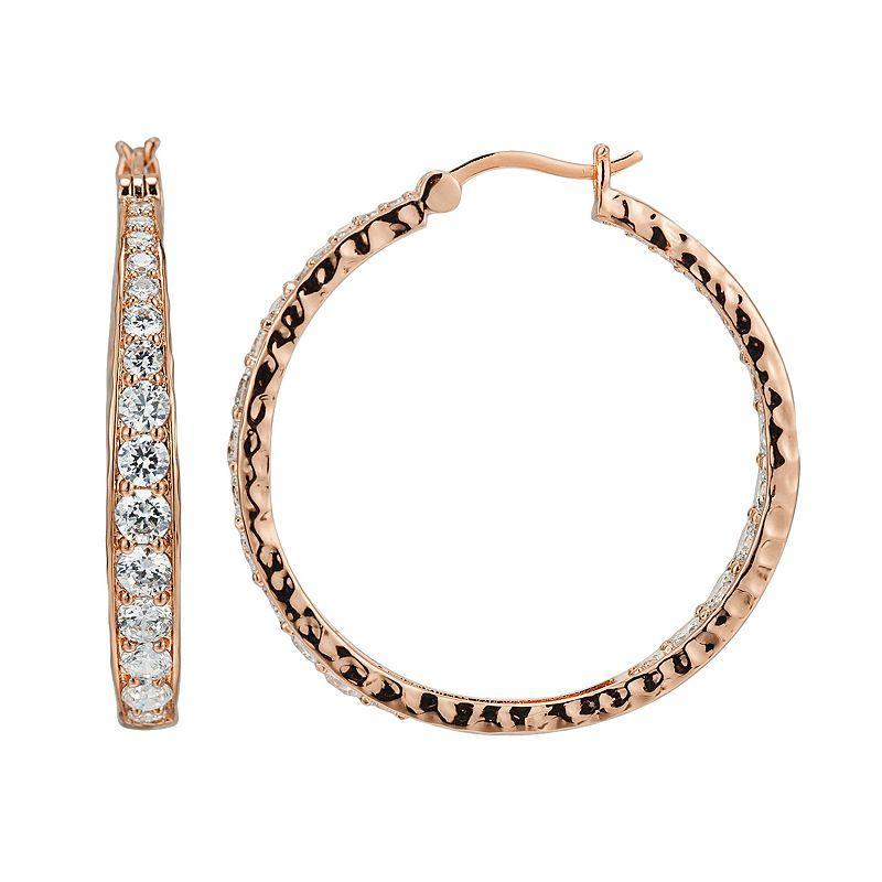 18k Rose Gold Over Silver-Plated Cubic Zirconia Hammered Hoop Earrings, Womens, White Product Image