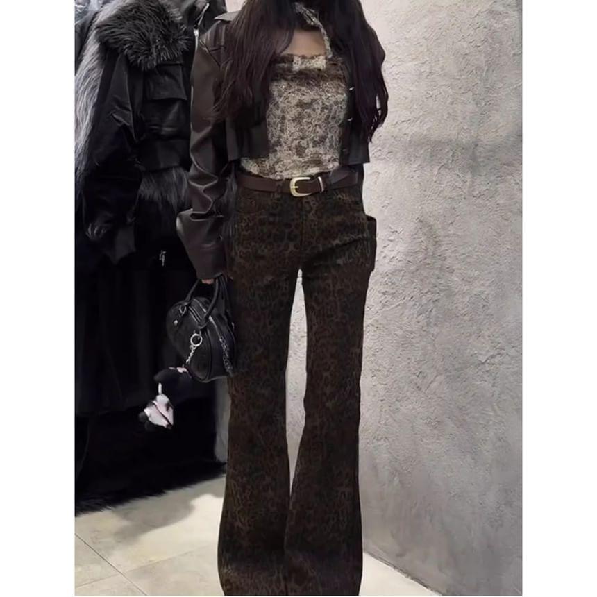 High Waist Leopard Print Flared Jeans Product Image