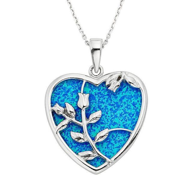 Lab-Created Blue Opal Sterling Silver Flower & Heart Pendant Necklace, Womens Product Image