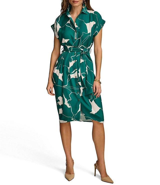 Donna Karan Short Sleeve Point Collar Tie Waist Printed Button Down Knee Length Dress Product Image