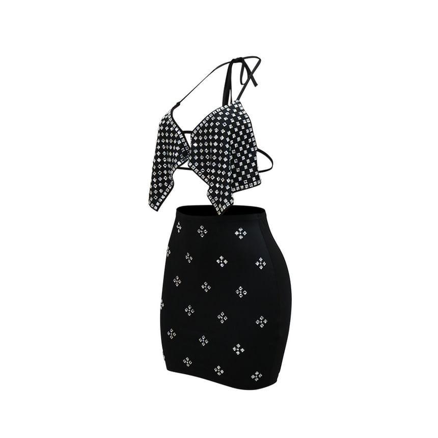 Set: Studded Asymmetrical Cropped Halter Top + High Waist Mini Pencil Skirt Product Image