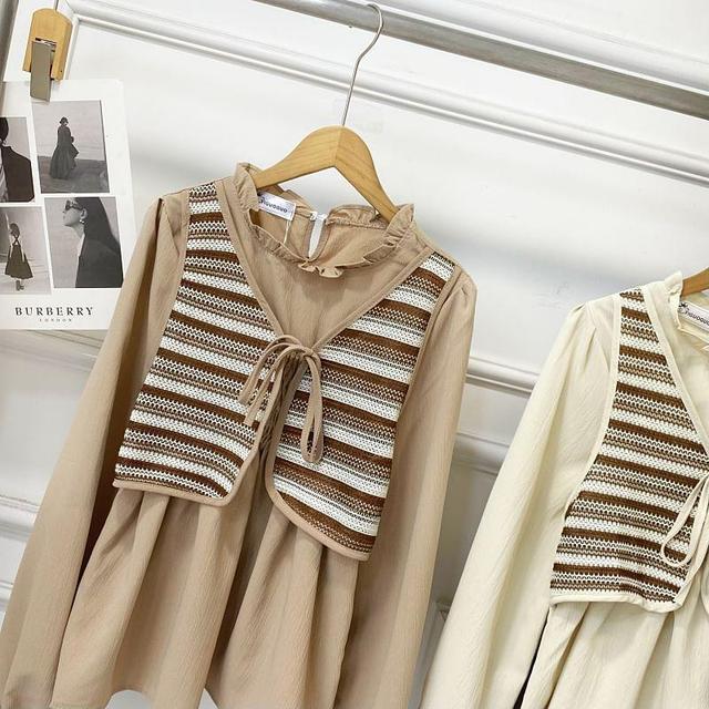 Long Sleeve Crew Neck Striped Mock Two Piece Blouse Product Image