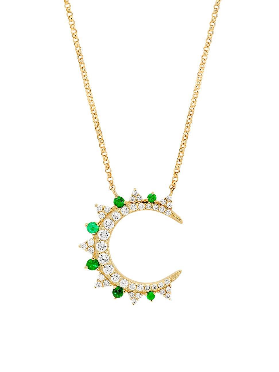 Womens 14K Yellow Gold, Emerald & 0.37 TCW Diamond Crescent Moon Pendant Necklace Product Image