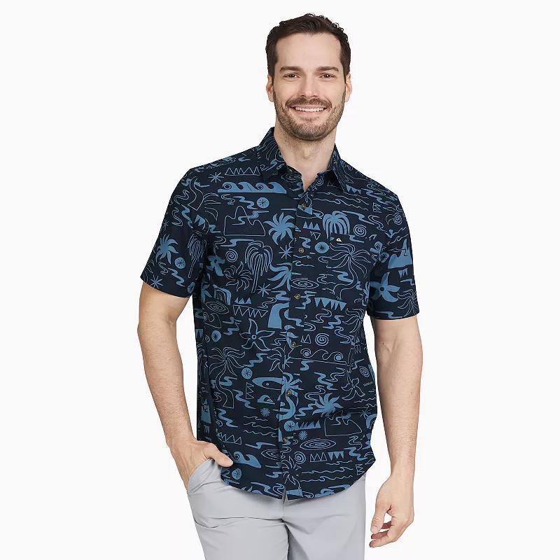 Mens Quiksilver Beachside Allover Print Short Sleeve Button Down Shirt Dark Blue Product Image