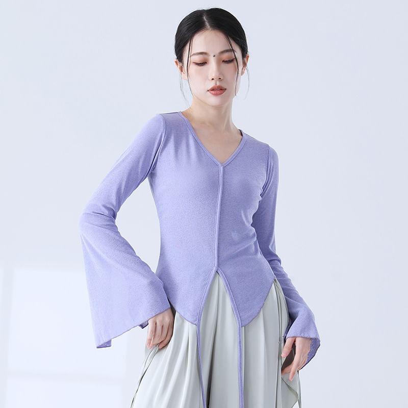 Long-Sleeve V-Neck Plain Sports Top Product Image