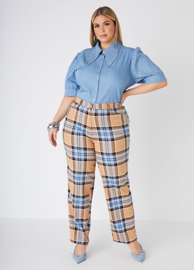 Mid Rise Plaid Straight Leg Pants Product Image