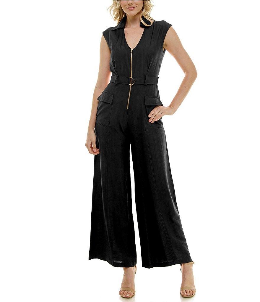 Taylor V-Neck Collar Cap Sleeve Zip Front Belted Straight Leg Jumpsuit Product Image