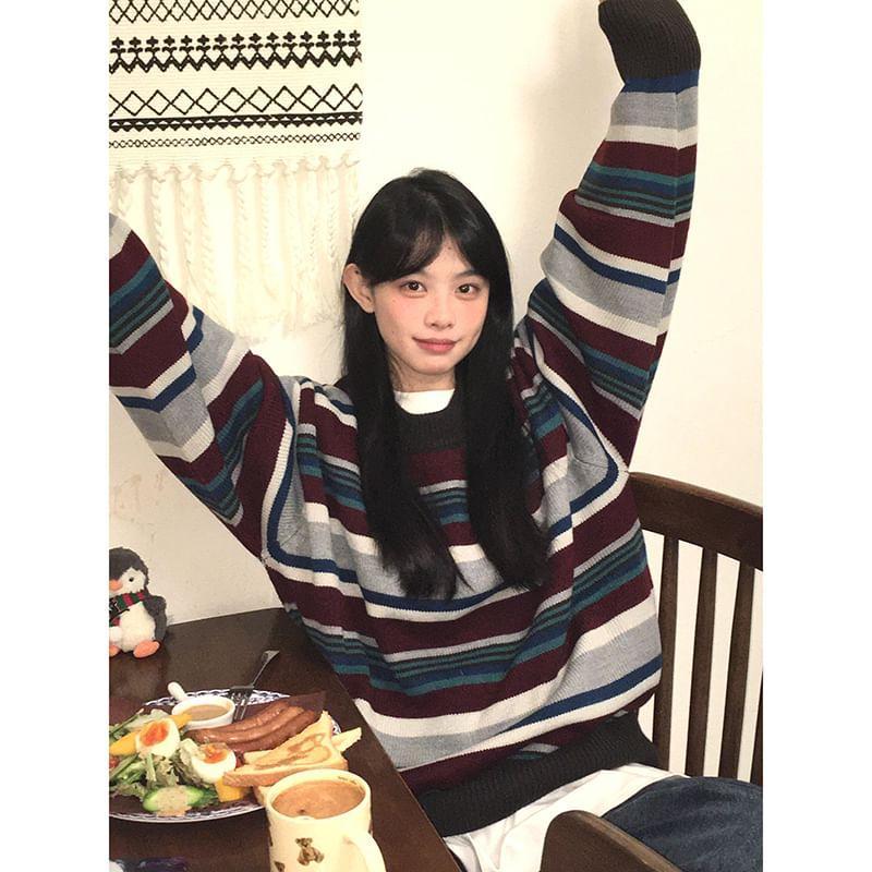 Round Neck Striped Oversized Sweater Product Image